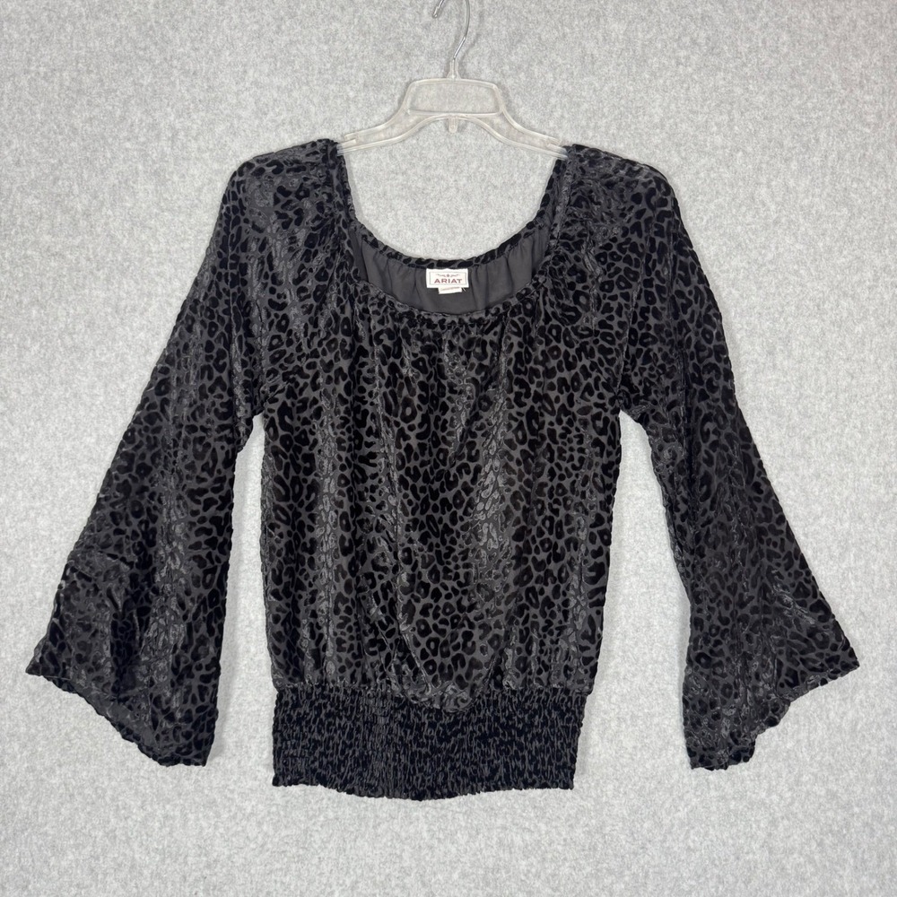 Ariat  Black Velvet Burnout Leopard Bell Sleeve Whimsigoth Fairy Y2K Boho Sz L